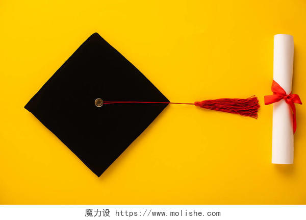 黄底红斜纹文凭及毕业帽